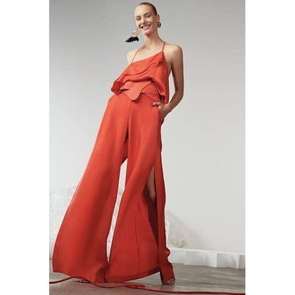 Sass & Bide orange coral The Pipes silk open slit slide wide leg flowy pants